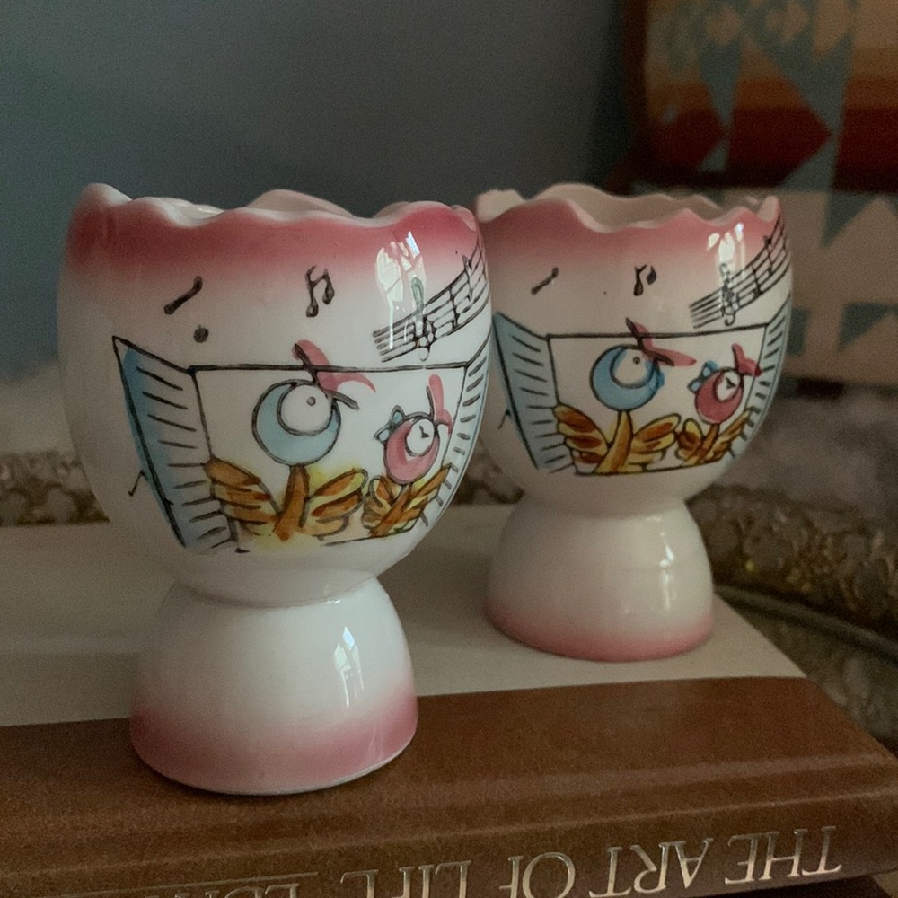 2 Vintage egg cups made in japan. songbird design pink, blue,white cheery colors